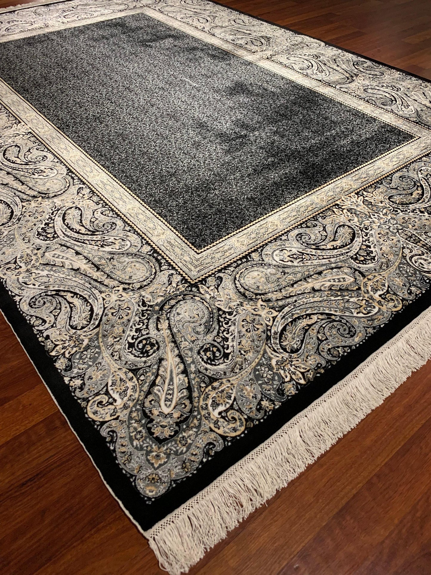 5x8 Silk Rug, Black Paisley Border, Turkish Oriental Carpet, Luxury Living Room Rug