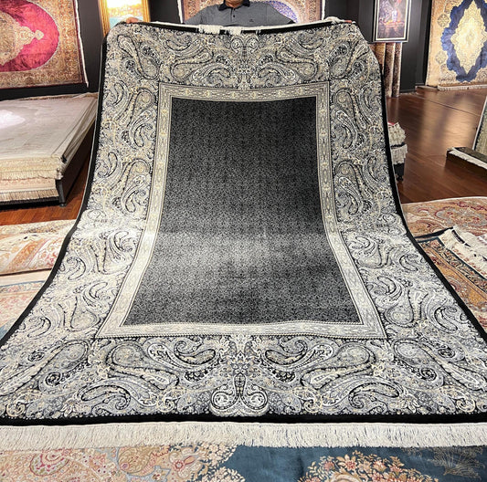 5x8 Silk Rug, Black Paisley Border, Turkish Oriental Carpet, Luxury Living Room Rug