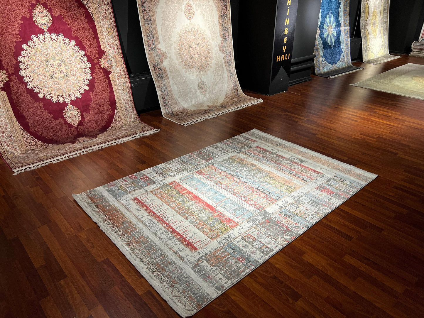 5x8 Colorful Rug, Orange Gray Kilim Pattern, Turkish Boho Area Rug, Bamboo Blend Carpet