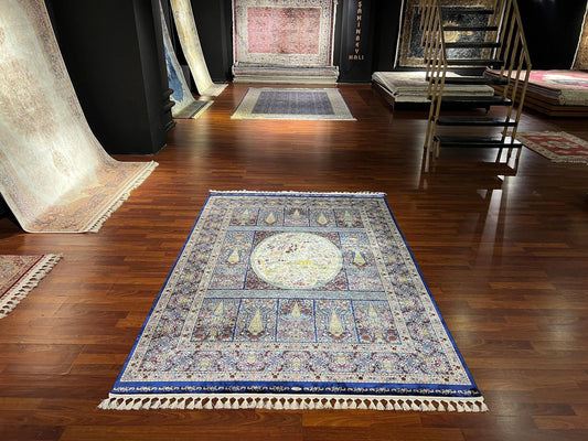 5x8 Silk Rug, Blue Palace Design, Turkish Modal Silk Carpet, Luxury Living Room Decor