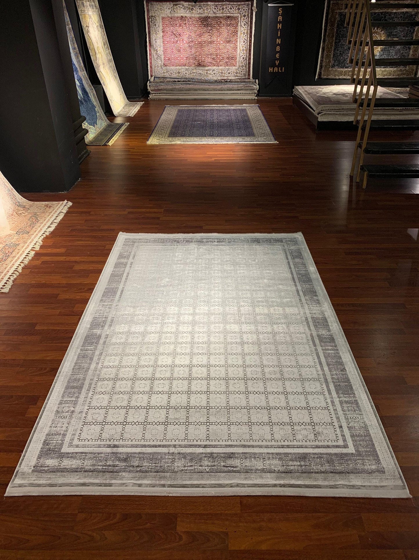 5x8 Bamboo Rug, Beige Square Pattern, Turkish Modern Area Rug, Luxury Living Room Decor