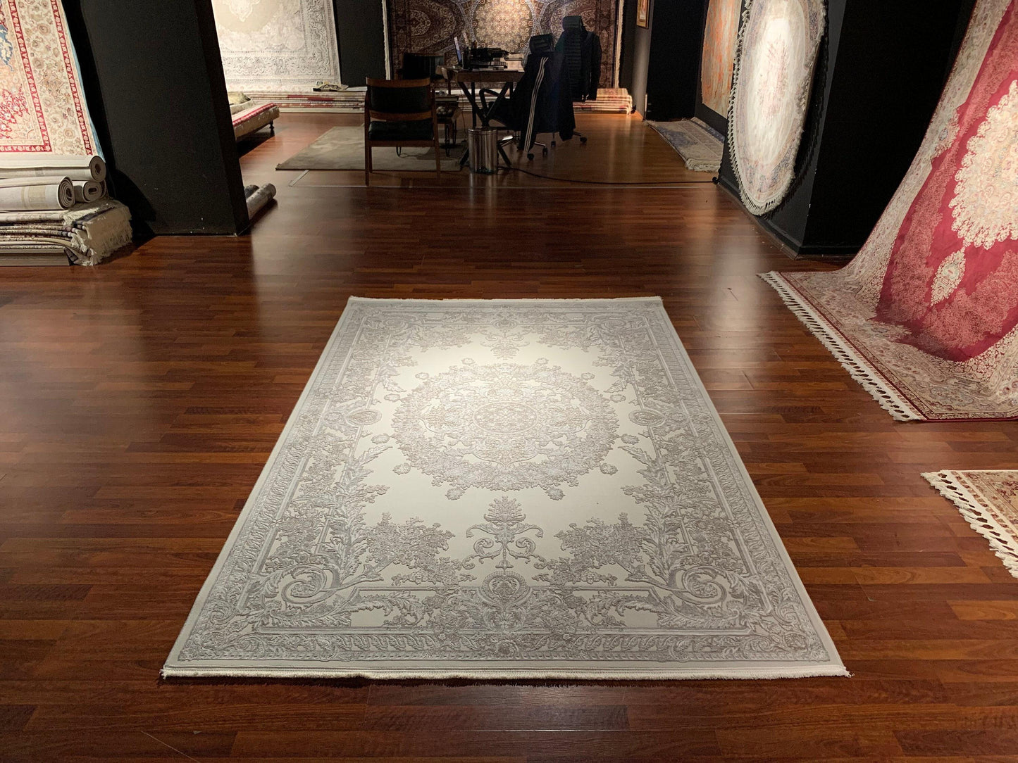 5x8 Area Rug, Beige Bamboo Rug, Neutral Medallion, Turkish Area Rug, Luxury Living Room