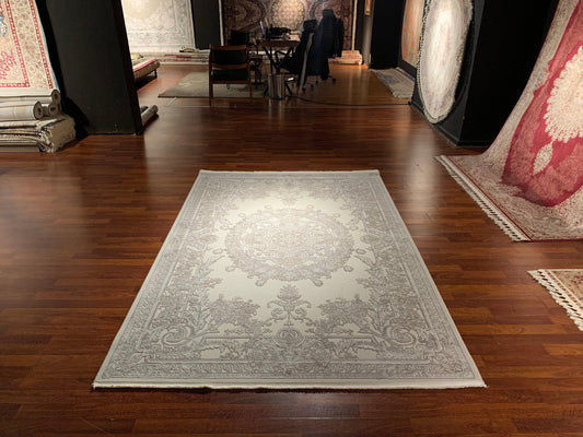 5x8 Area Rug, Beige Bamboo Rug, Neutral Medallion, Turkish Area Rug, Luxury Living Room
