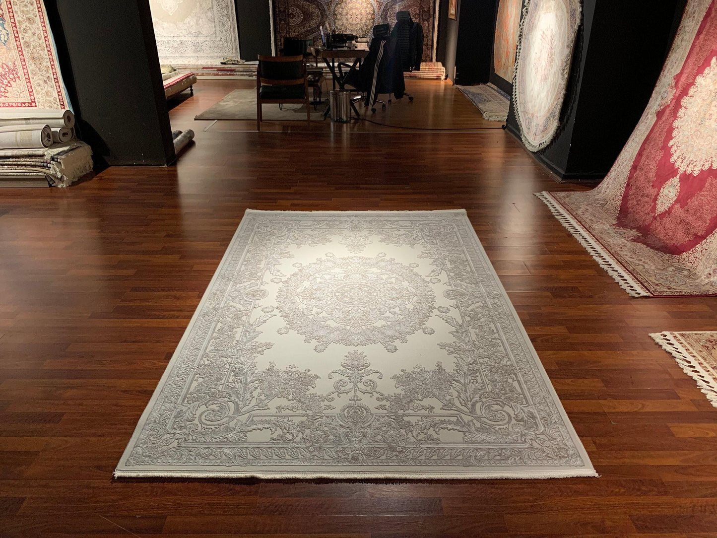 5x8 Area Rug, Beige Bamboo Rug, Neutral Medallion, Turkish Area Rug, Luxury Living Room