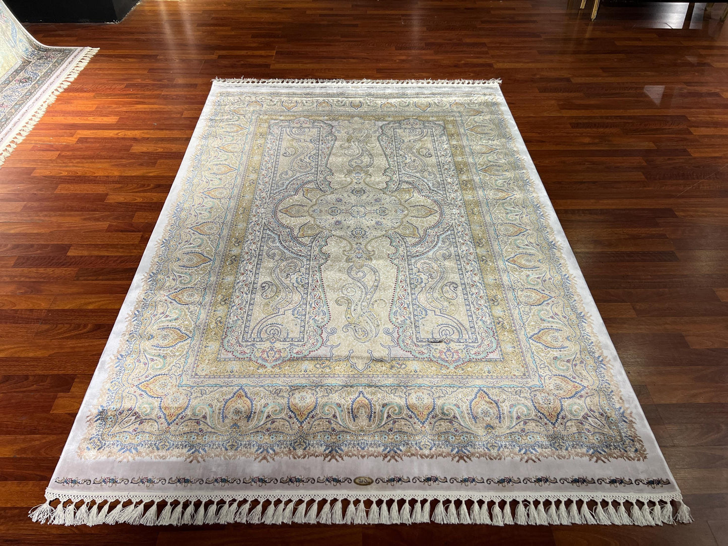 5x8 Silk Rug, Ivory Gold Palace Design, Turkish Modal Silk Carpet, Oriental Area Rug