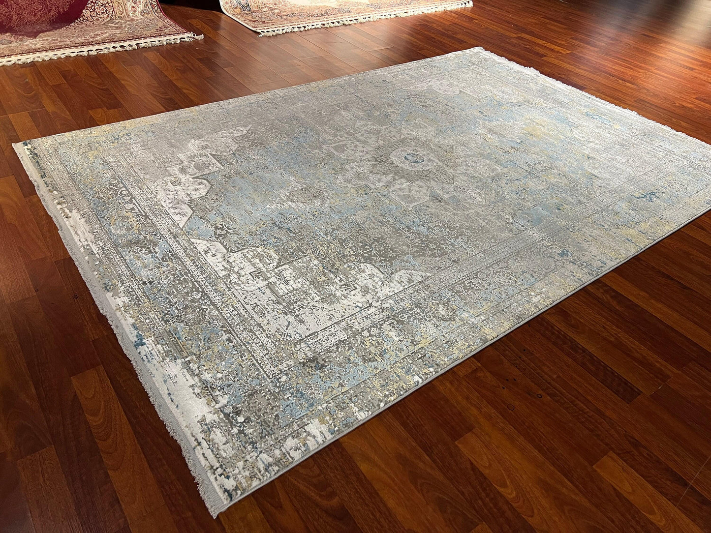 5x8 Bamboo Silk Rug, Gray Beige Rug, Blue Gold Distressed Medallion, Turkish Area Rug