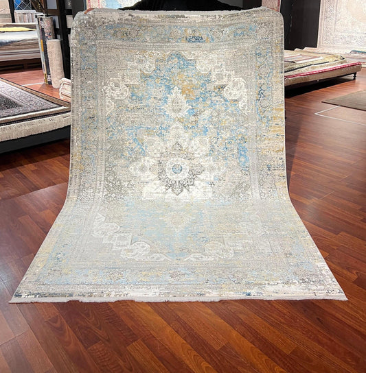 5x8 Bamboo Silk Rug, Gray Beige Rug, Blue Gold Distressed Medallion, Turkish Area Rug