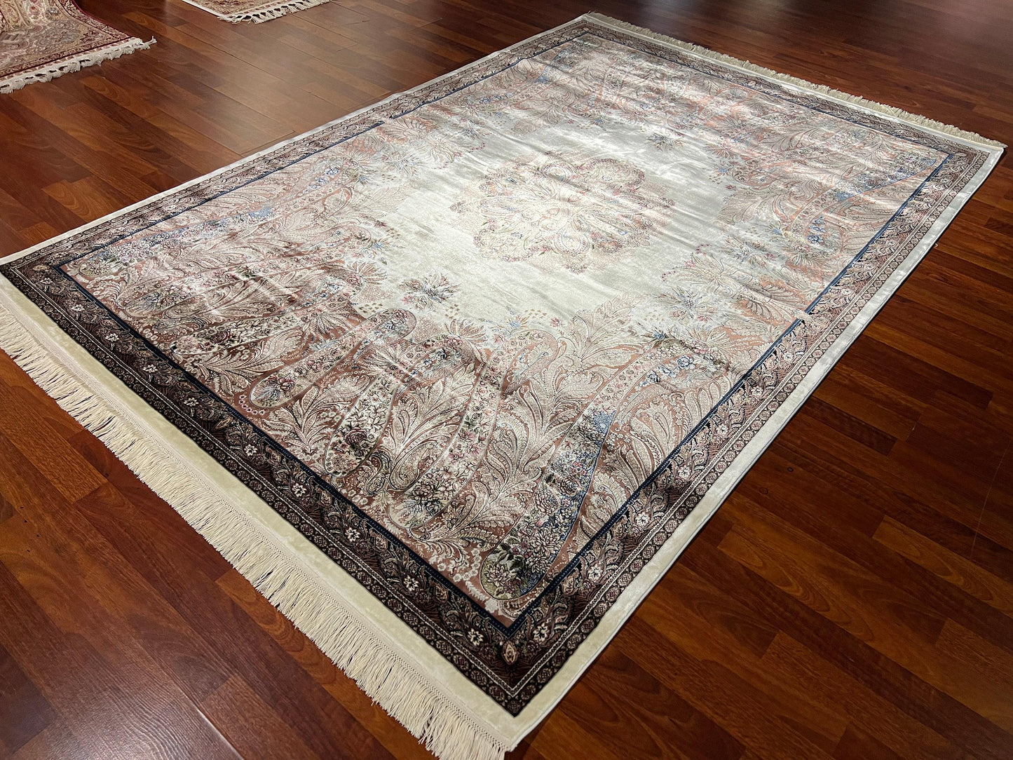 5x8 Beige Silk Rug, Bamboo Silk Carpet, Palace Floral Design, Turkish Area Rug