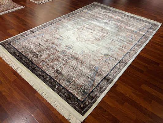 5x8 Beige Silk Rug, Bamboo Silk Carpet, Palace Floral Design, Turkish Area Rug