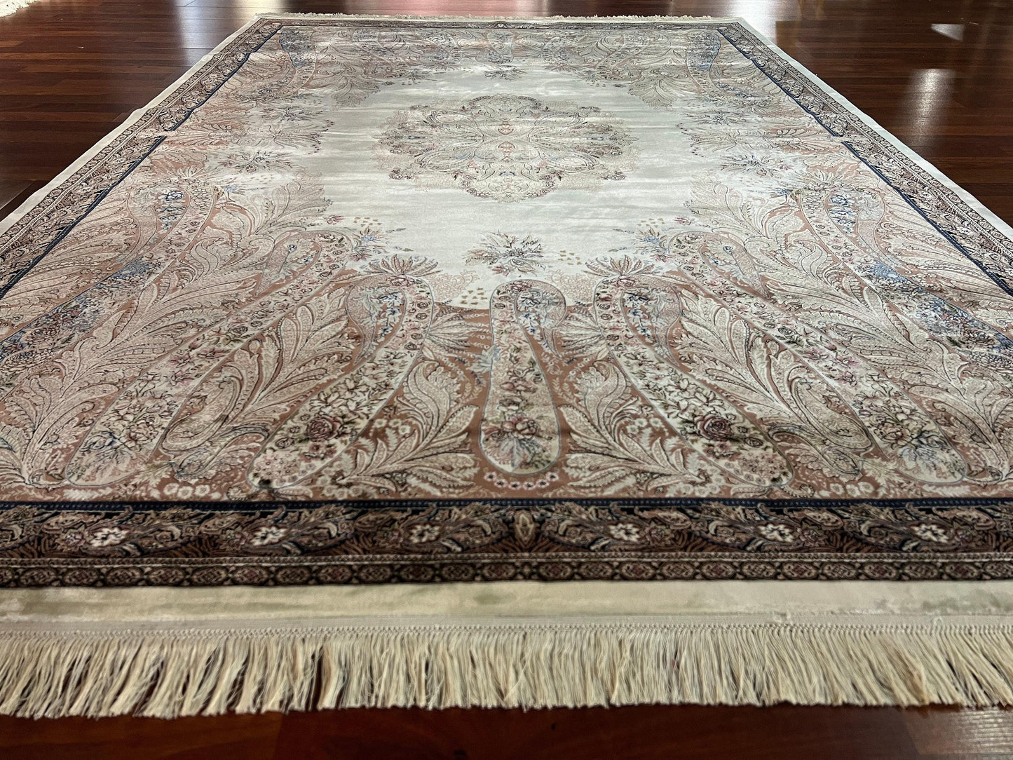 5x8 Beige Silk Rug, Bamboo Silk Carpet, Palace Floral Design, Turkish Area Rug