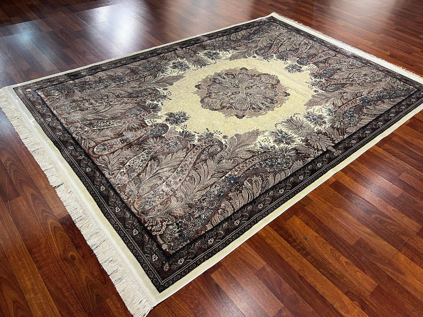 5x8 Beige Silk Rug, Bamboo Silk Carpet, Palace Floral Design, Turkish Area Rug