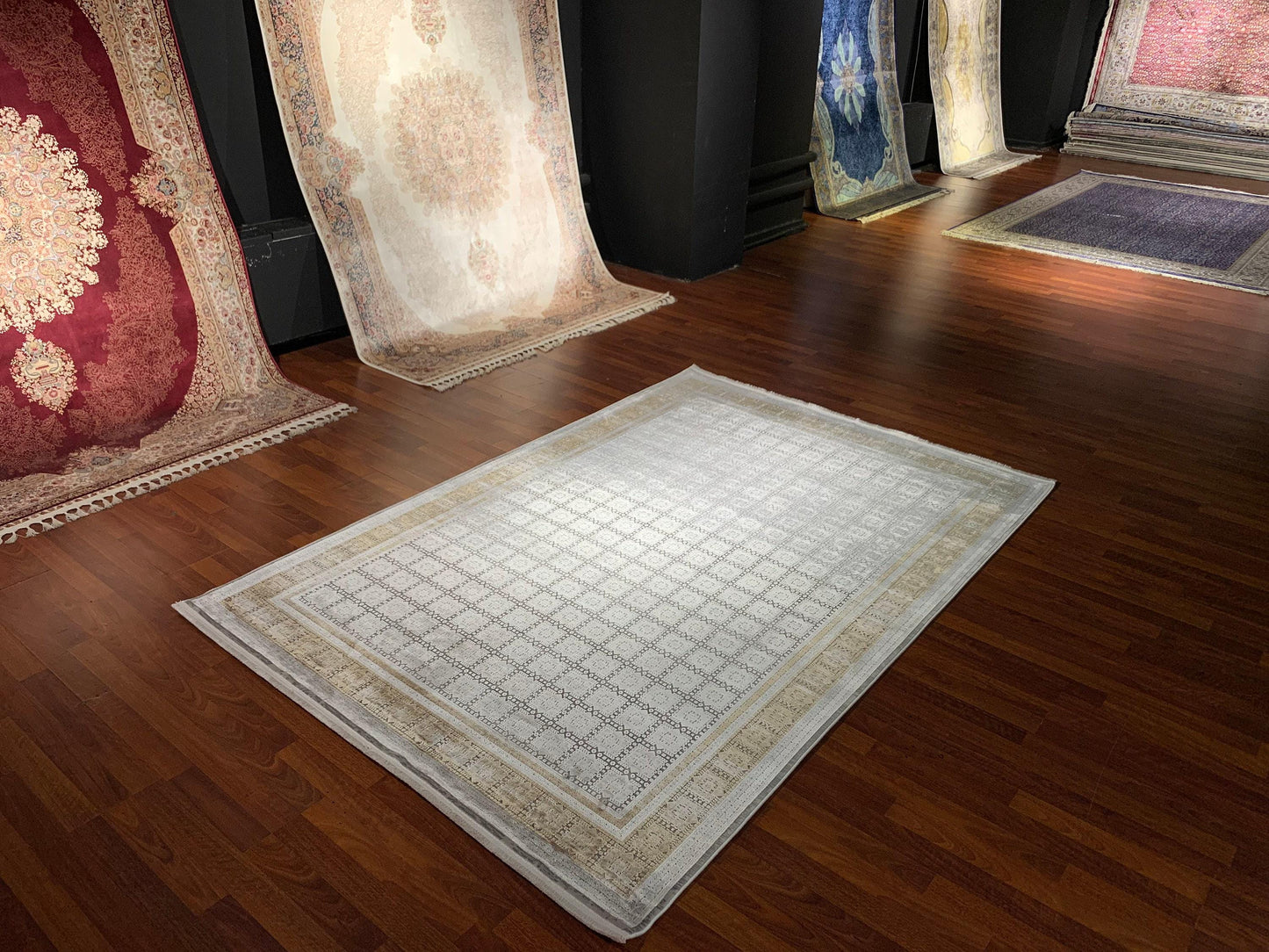 5x8 Area Rug, Beige Gold Bamboo Rug, Square Pattern, Turkish Modern Carpet, Neutral Decor