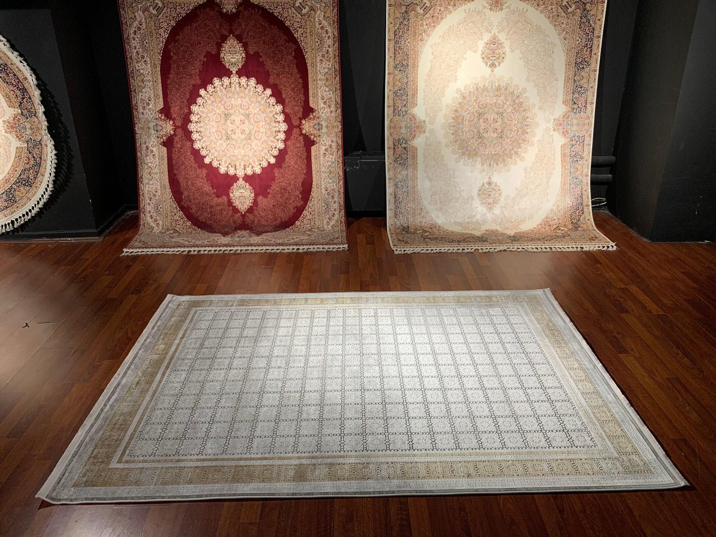 5x8 Area Rug, Beige Gold Bamboo Rug, Square Pattern, Turkish Modern Carpet, Neutral Decor