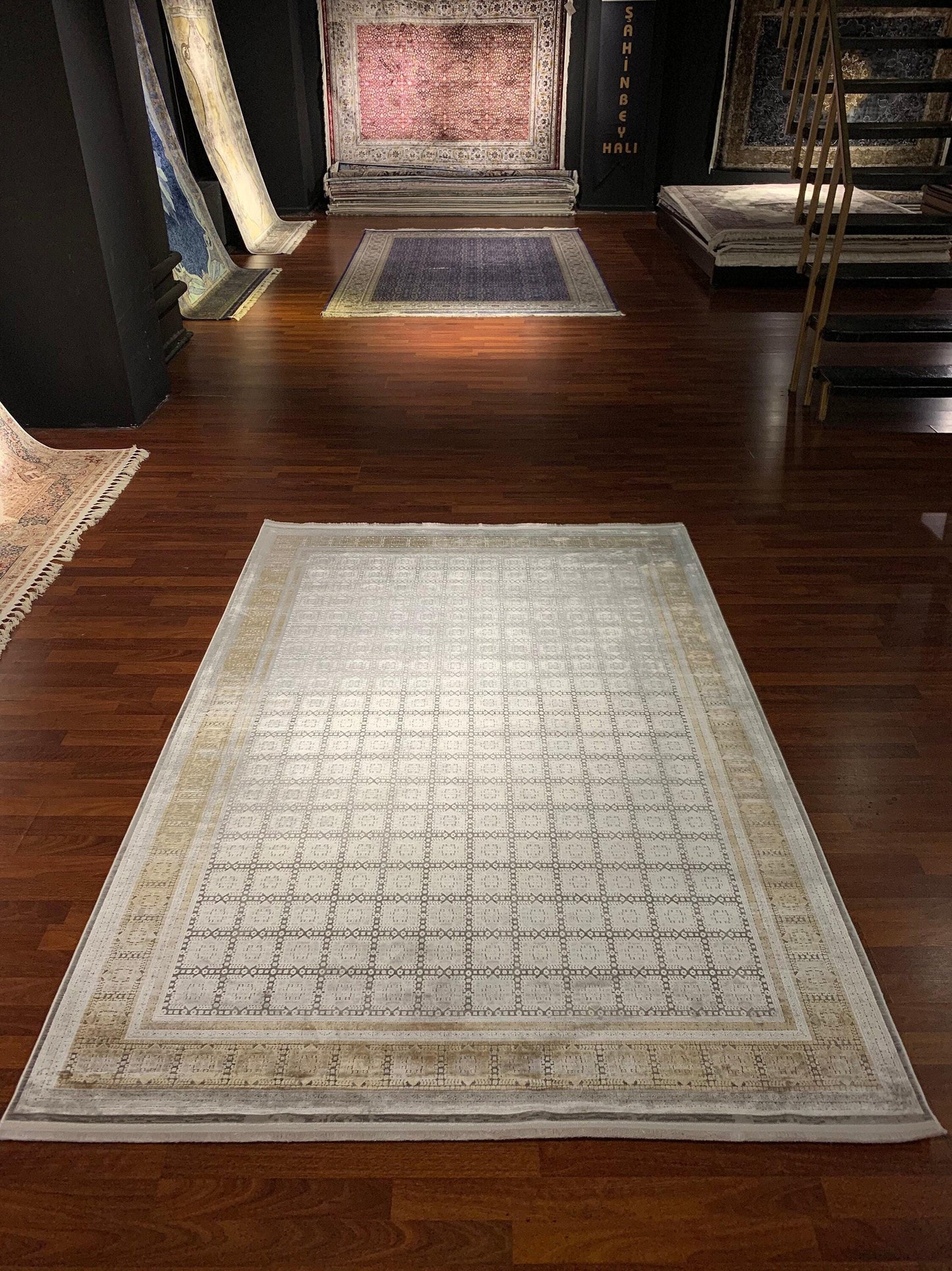 5x8 Area Rug, Beige Gold Bamboo Rug, Square Pattern, Turkish Modern Carpet, Neutral Decor