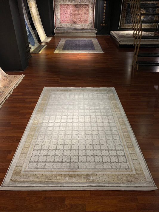 5x8 Area Rug, Beige Gold Bamboo Rug, Square Pattern, Turkish Modern Carpet, Neutral Decor