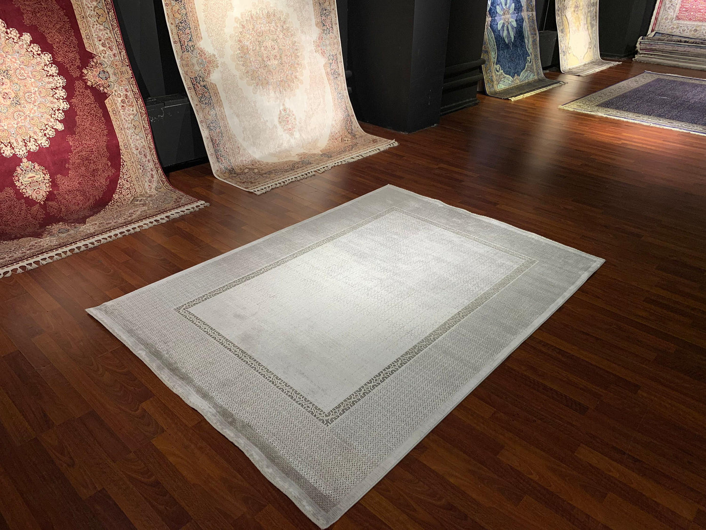5x8 Area Rug, Beige Bamboo Rug, Minimal Border Design, Turkish Modern Carpet