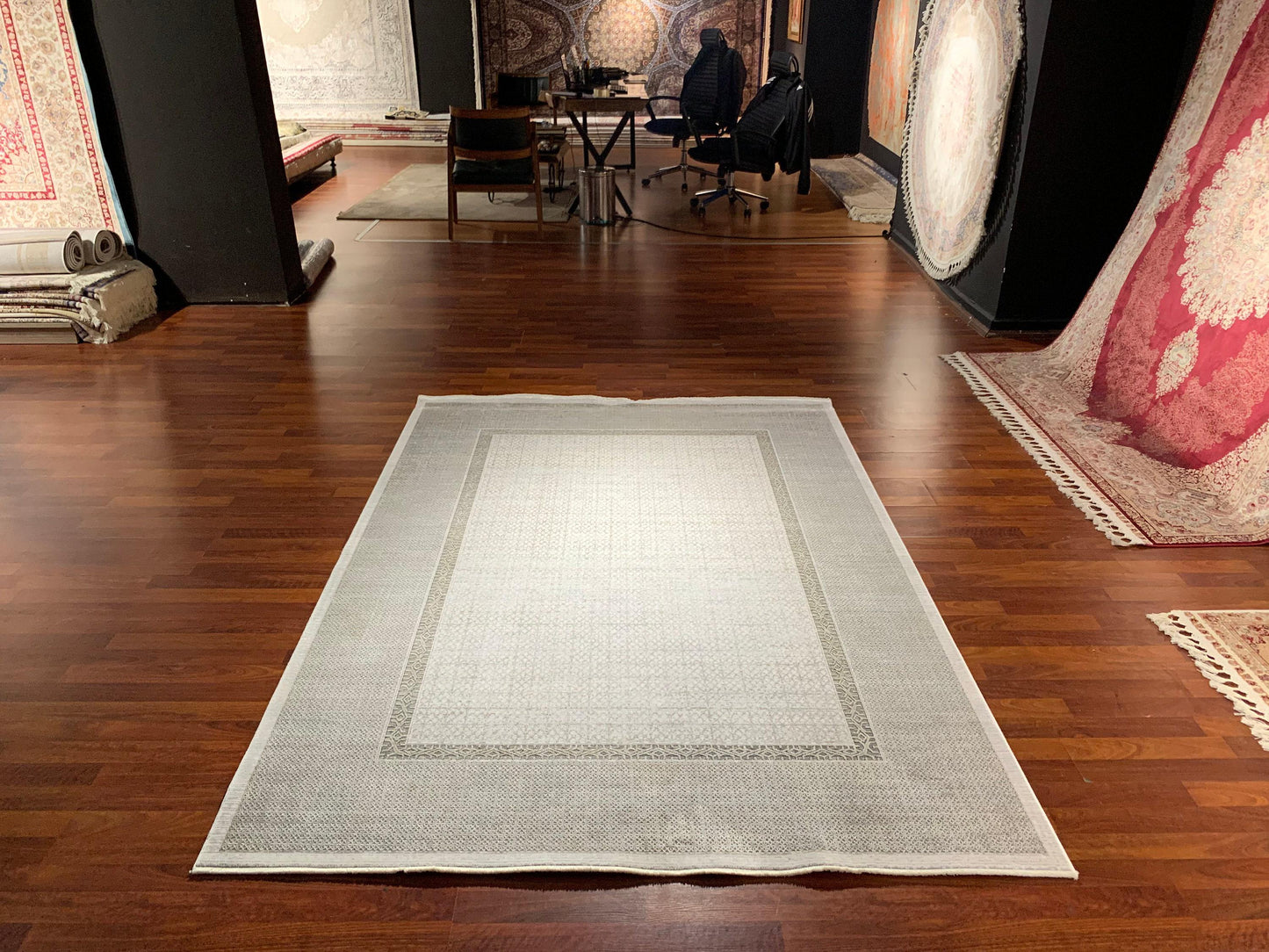 5x8 Area Rug, Beige Bamboo Rug, Minimal Border Design, Turkish Modern Carpet