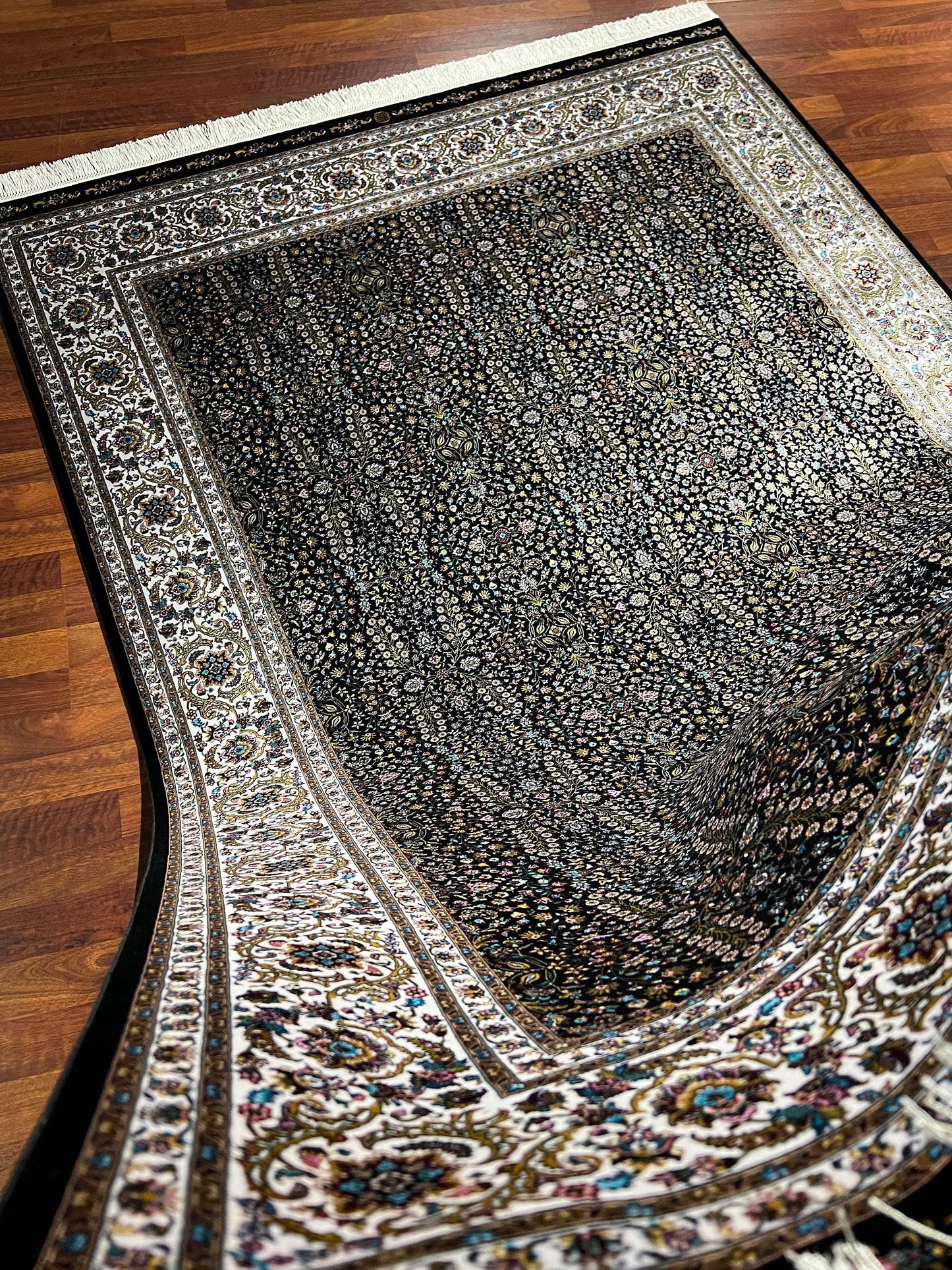 Beige Bamboo Silk Rug, 5x8 Area Rug, Turkish Rug 5x8, Palace Floral, Neutral Decor