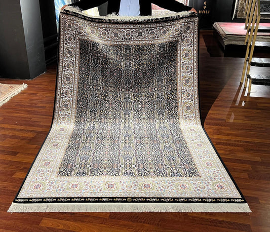 Beige Bamboo Silk Rug, 5x8 Area Rug, Turkish Rug 5x8, Palace Floral, Neutral Decor