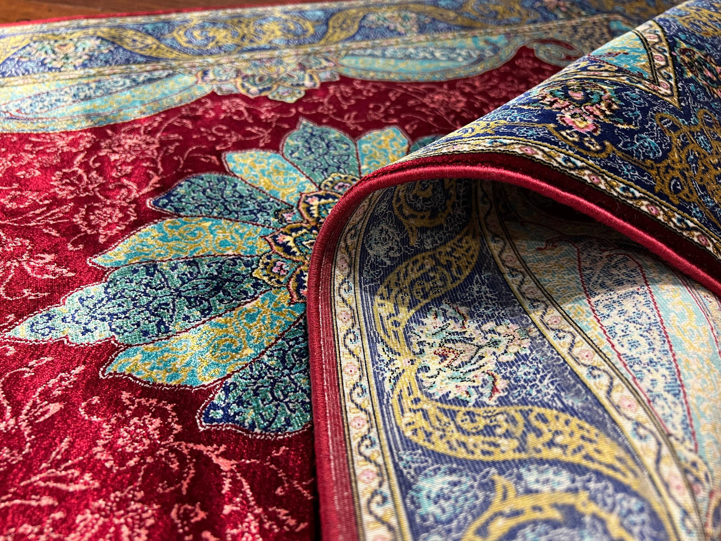 Red Blue Floral Rug, 2x3 Bamboo Silk Rug, Turkish Mini Gift Rug