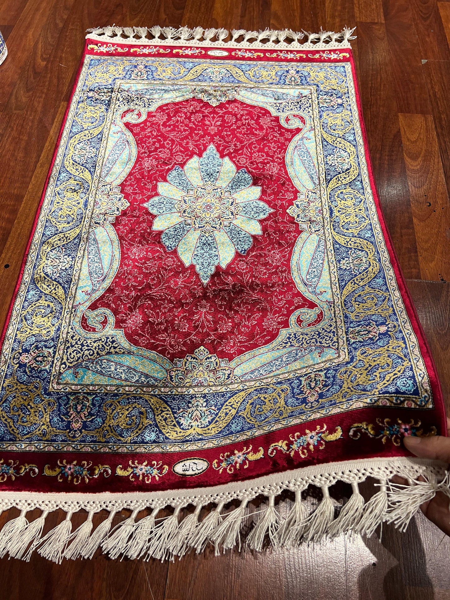 Red Blue Floral Rug, 2x3 Bamboo Silk Rug, Turkish Mini Gift Rug
