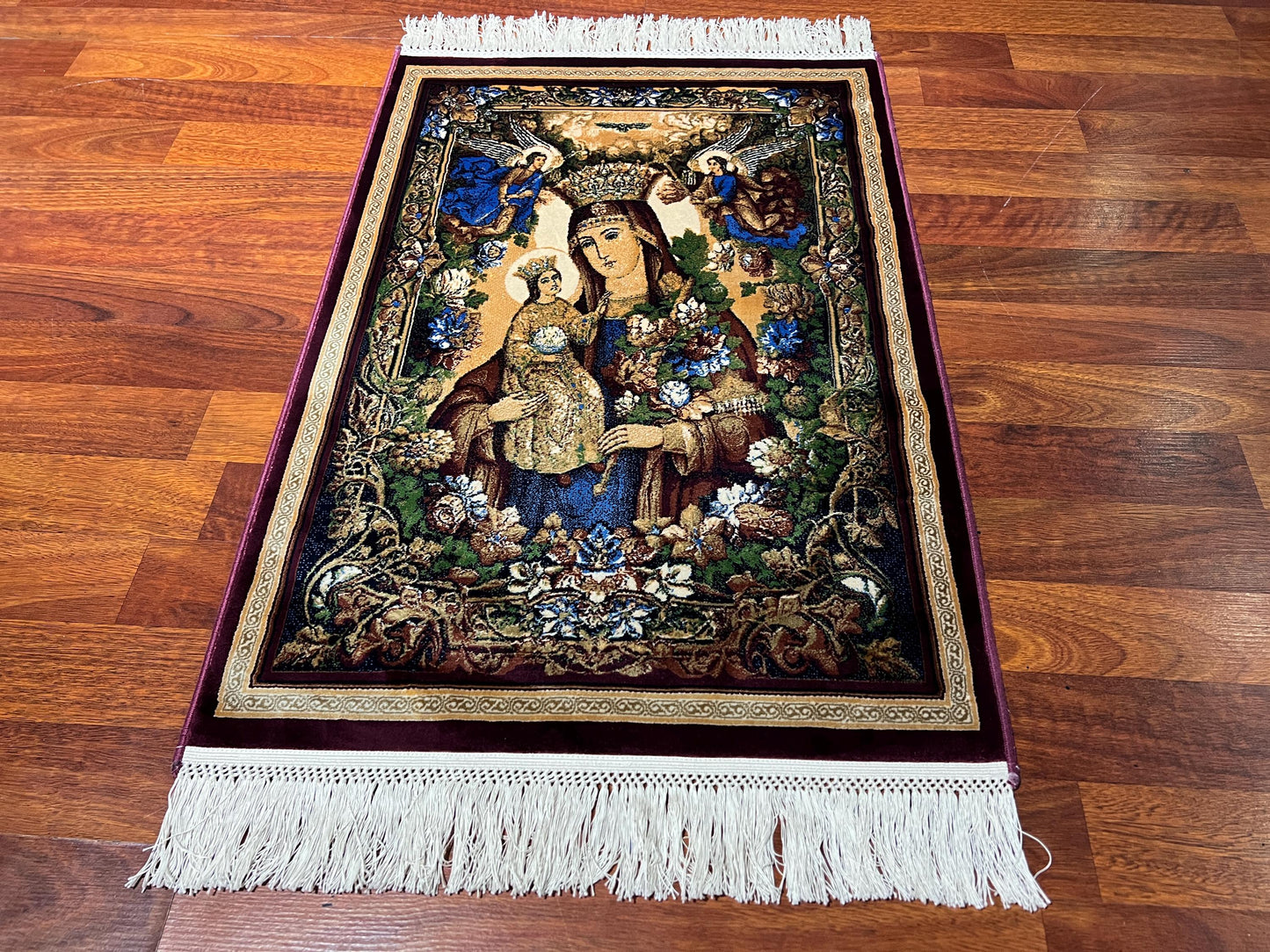 Virgin Mary Silk Rug, Christian Icon Rug, Angel Wall Decor, Mini Bamboo Silk Rug