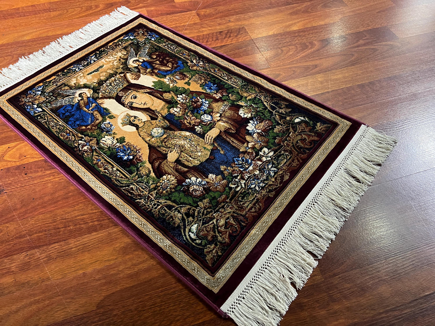 Virgin Mary Silk Rug, Christian Icon Rug, Angel Wall Decor, Mini Bamboo Silk Rug