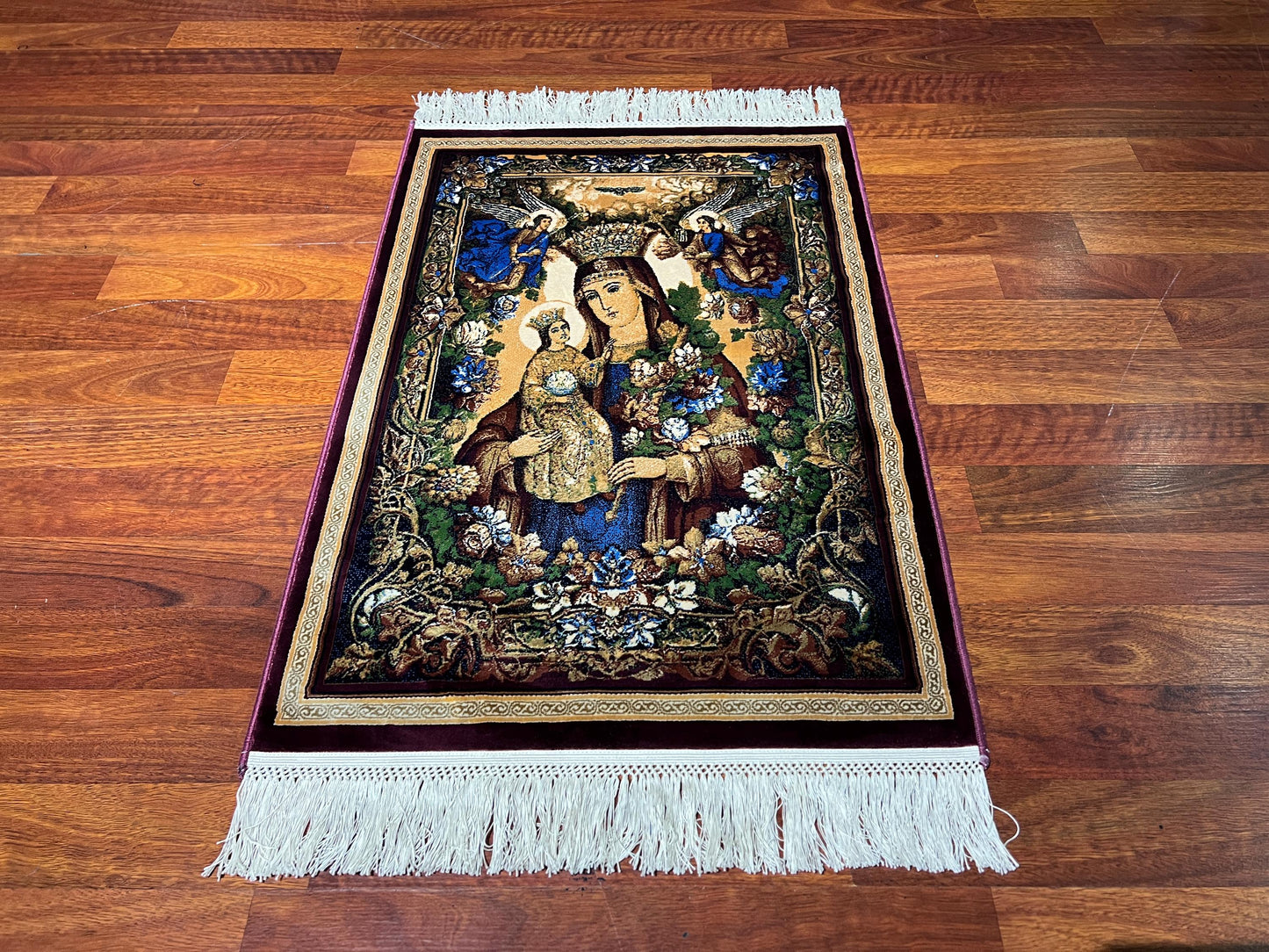 Virgin Mary Silk Rug, Christian Icon Rug, Angel Wall Decor, Mini Bamboo Silk Rug