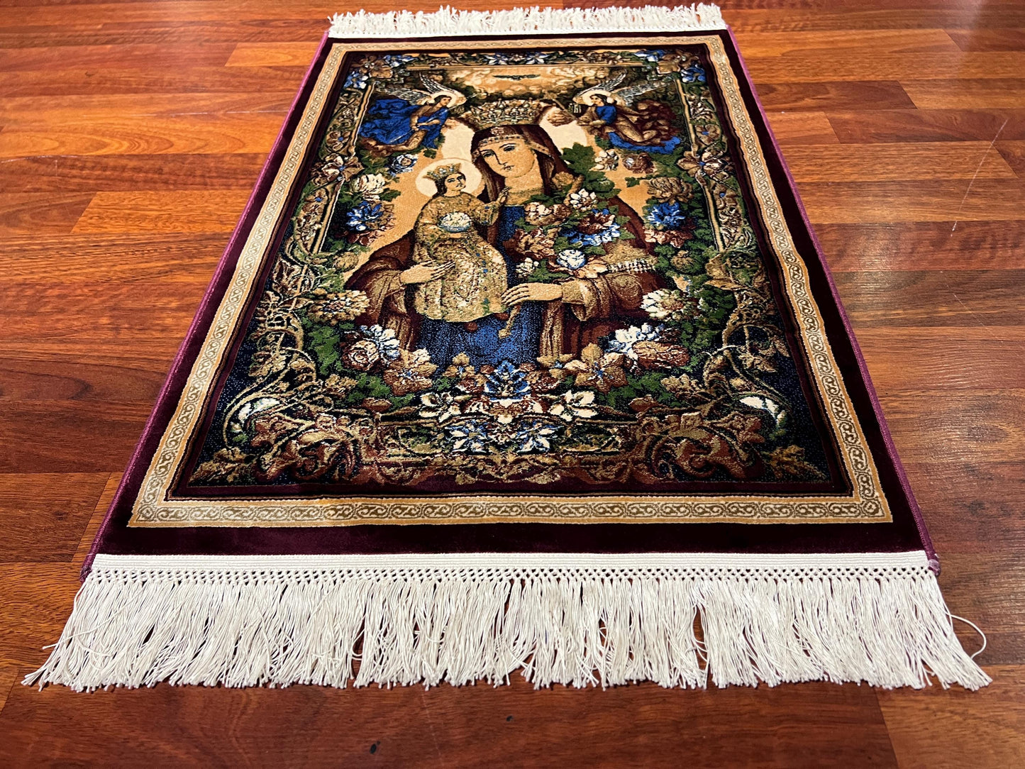 Virgin Mary Silk Rug, Christian Icon Rug, Angel Wall Decor, Mini Bamboo Silk Rug