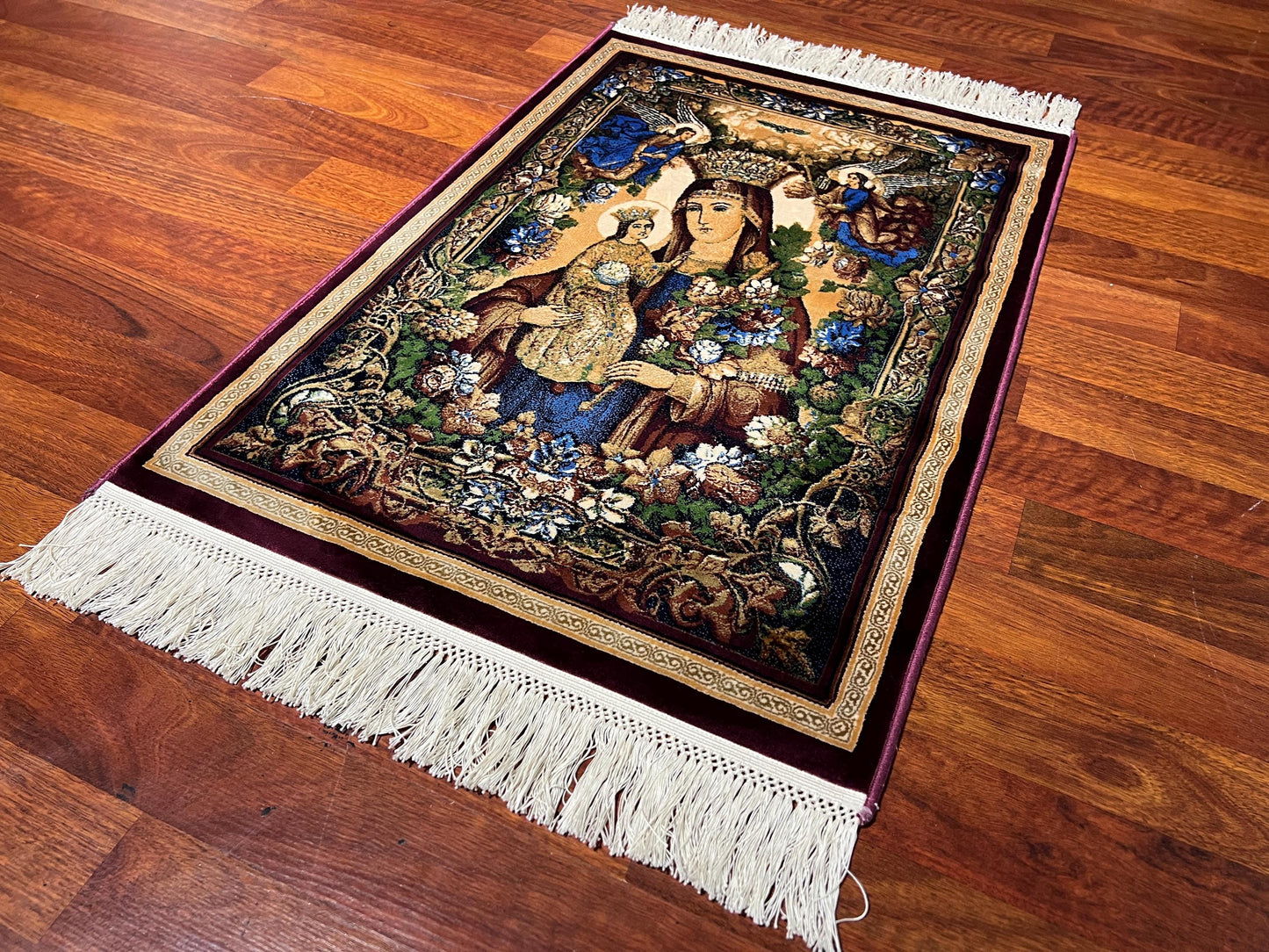 Virgin Mary Silk Rug, Christian Icon Rug, Angel Wall Decor, Mini Bamboo Silk Rug