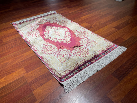 Burgundy Floral Medallion Rug, 2x3 Bamboo Silk Rug, Turkish Accent Rug, Gift Decor