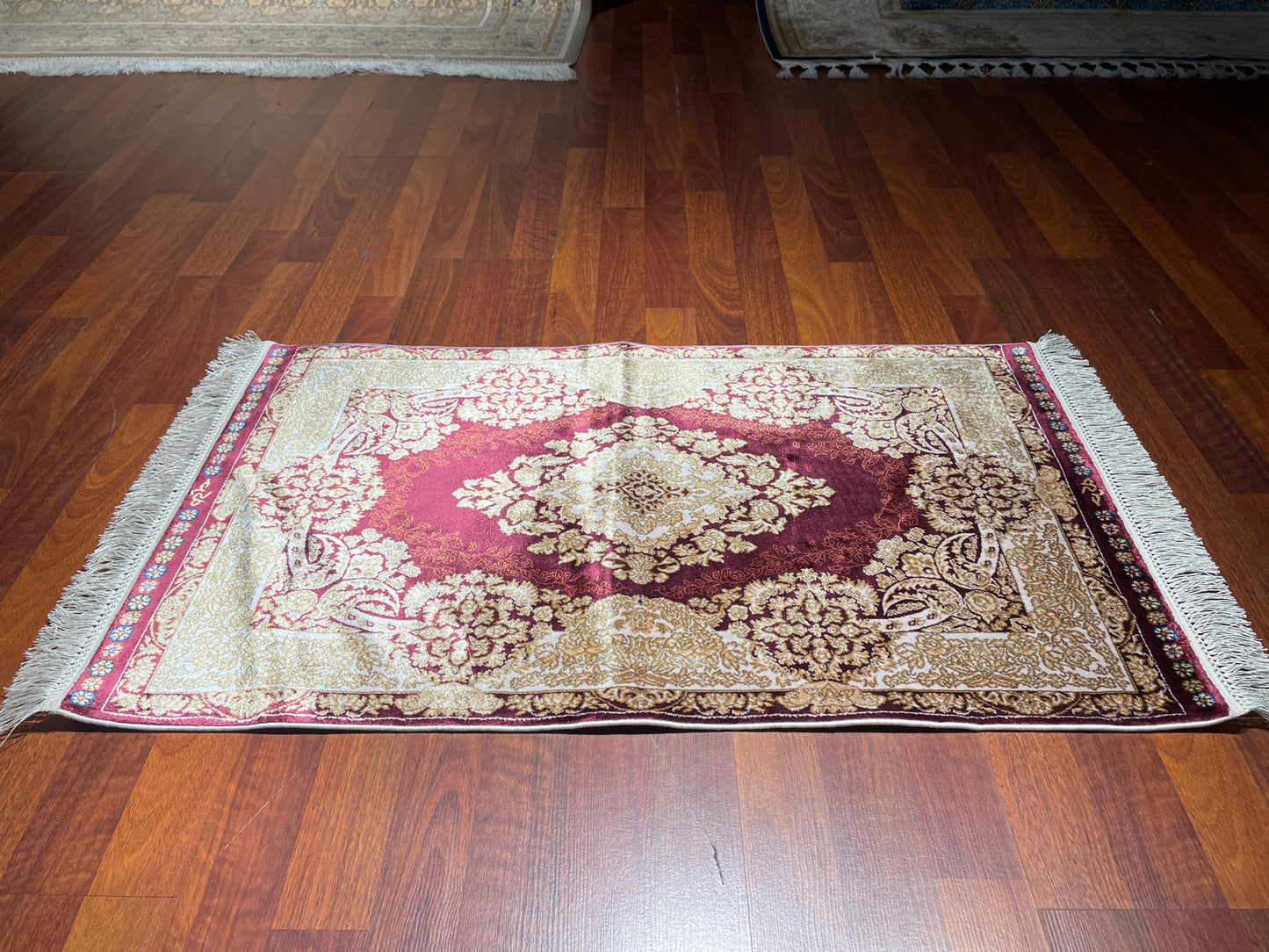 Burgundy Floral Medallion Rug, 2x3 Bamboo Silk Rug, Turkish Accent Rug, Gift Decor