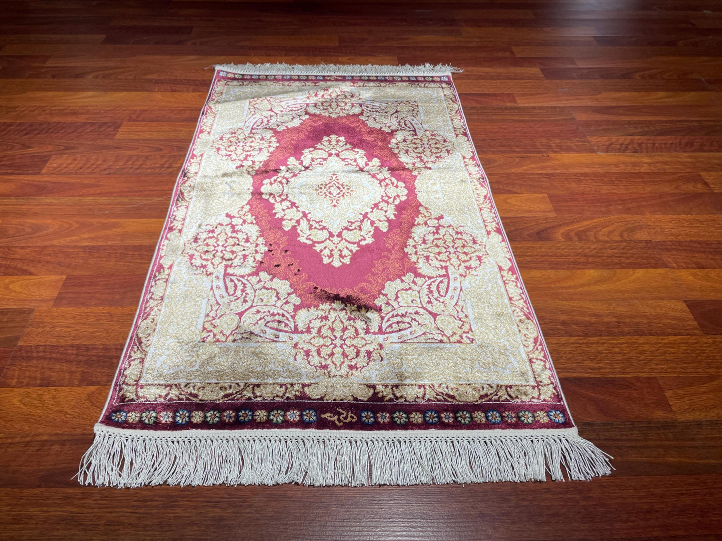 Burgundy Floral Medallion Rug, 2x3 Bamboo Silk Rug, Turkish Accent Rug, Gift Decor