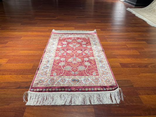 Burgundy Floral Vine Rug, 2x3 Bamboo Silk Rug, Turkish Accent Rug, Gift Decor