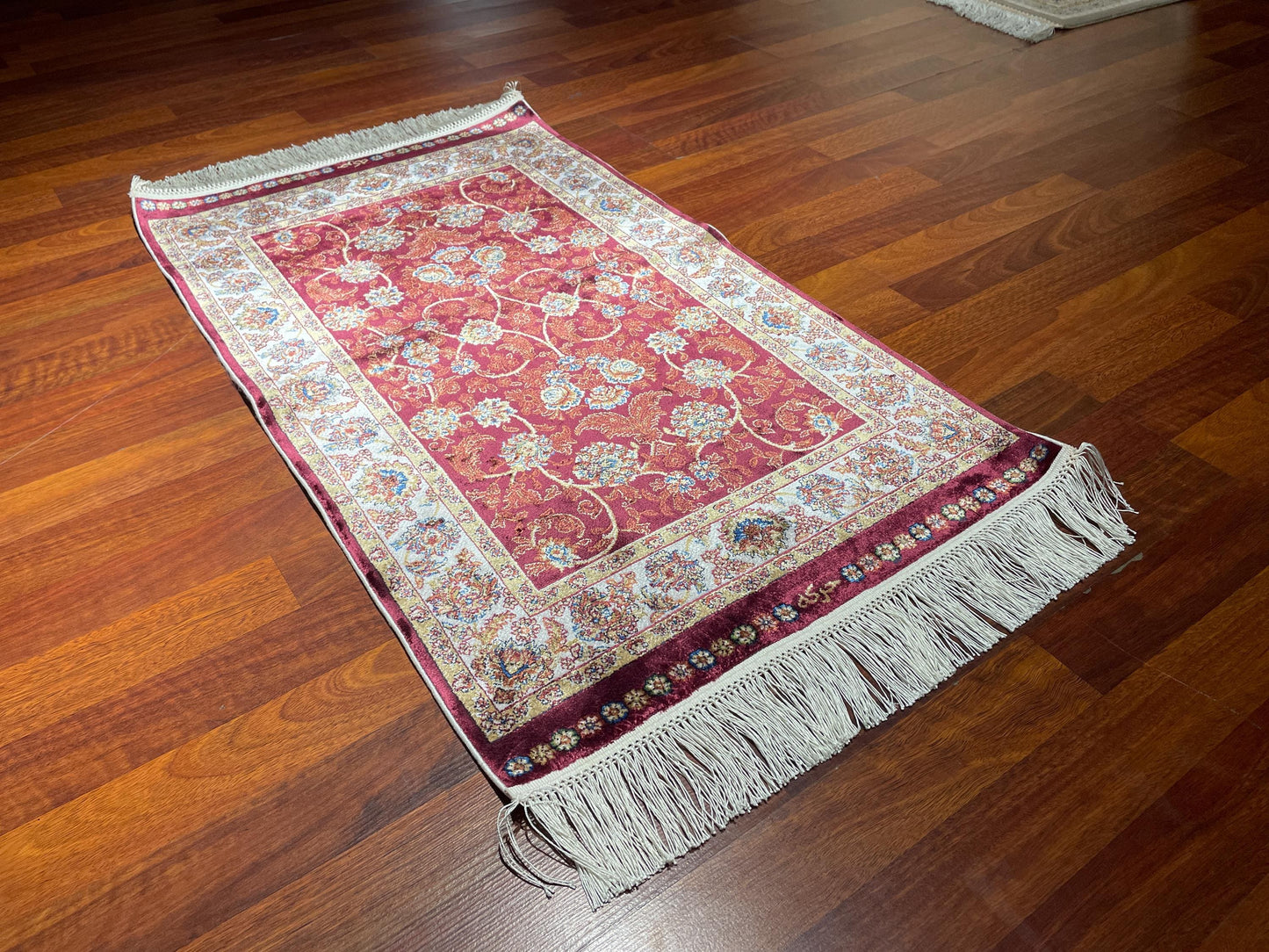 Burgundy Floral Vine Rug, 2x3 Bamboo Silk Rug, Turkish Accent Rug, Gift Decor