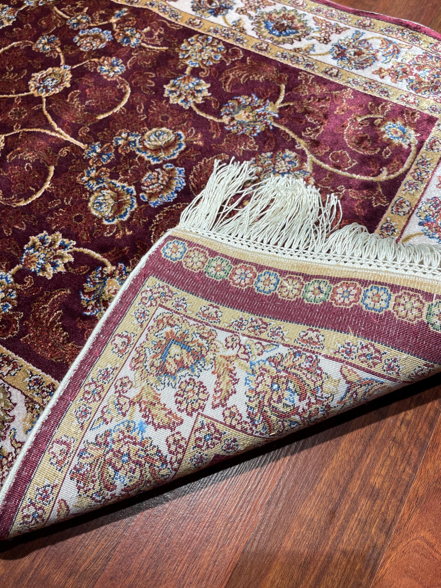 Burgundy Floral Vine Rug, 2x3 Bamboo Silk Rug, Turkish Accent Rug, Gift Decor