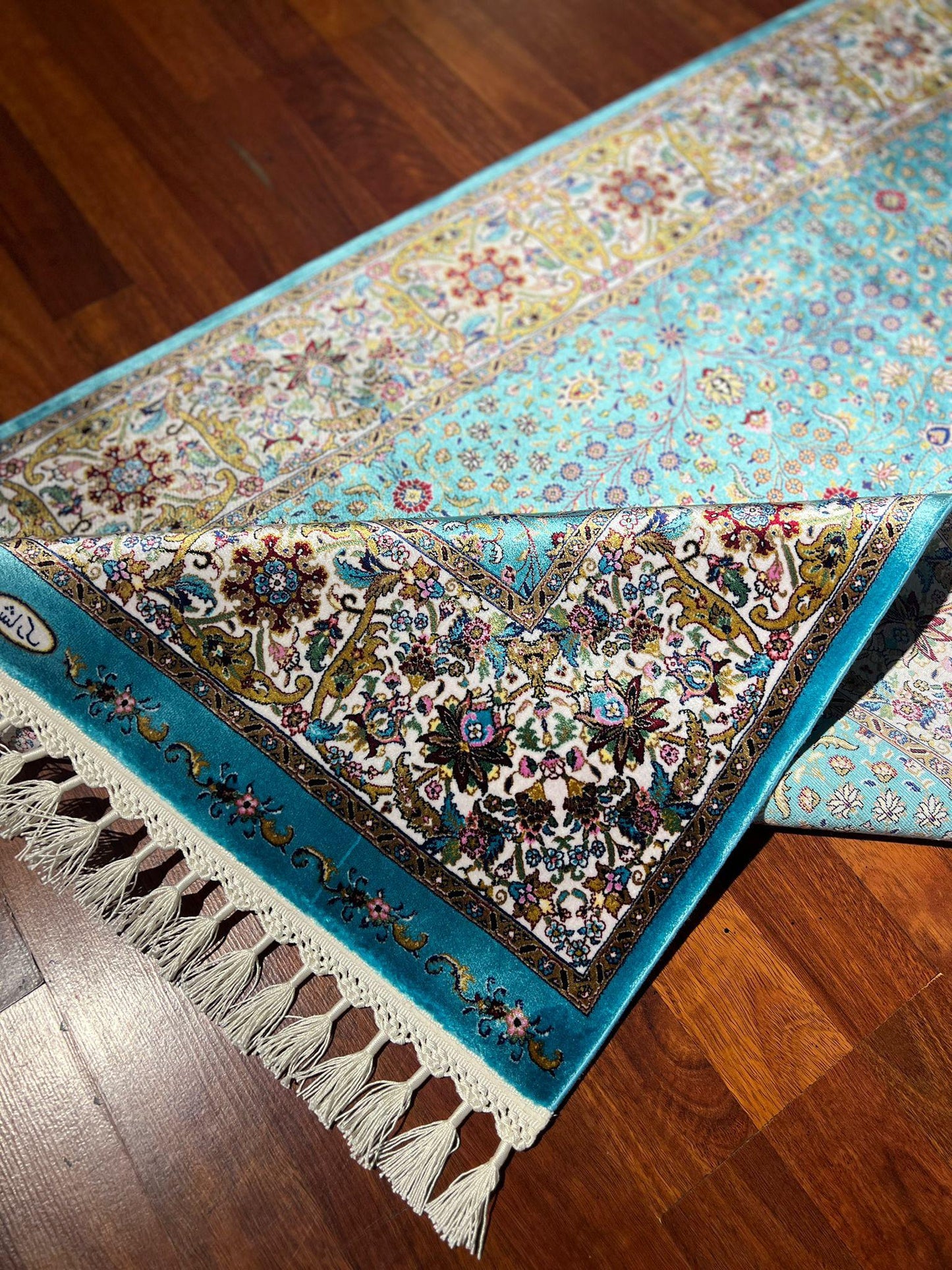 3x5 Turquoise Floral Rug, Bamboo Silk Accent Rug, Turkish Decor Rug, Gift Rug