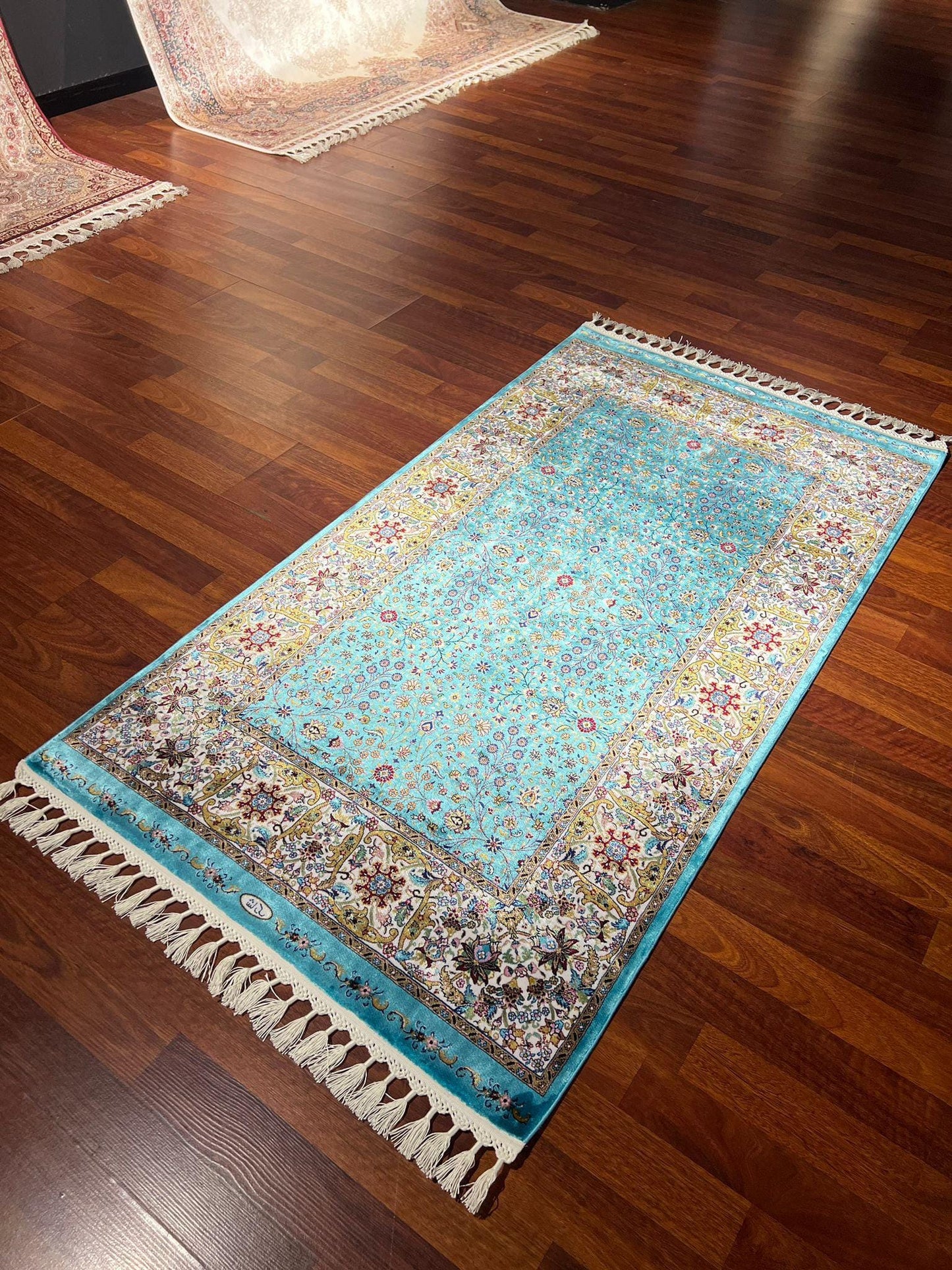 3x5 Turquoise Floral Rug, Bamboo Silk Accent Rug, Turkish Decor Rug, Gift Rug