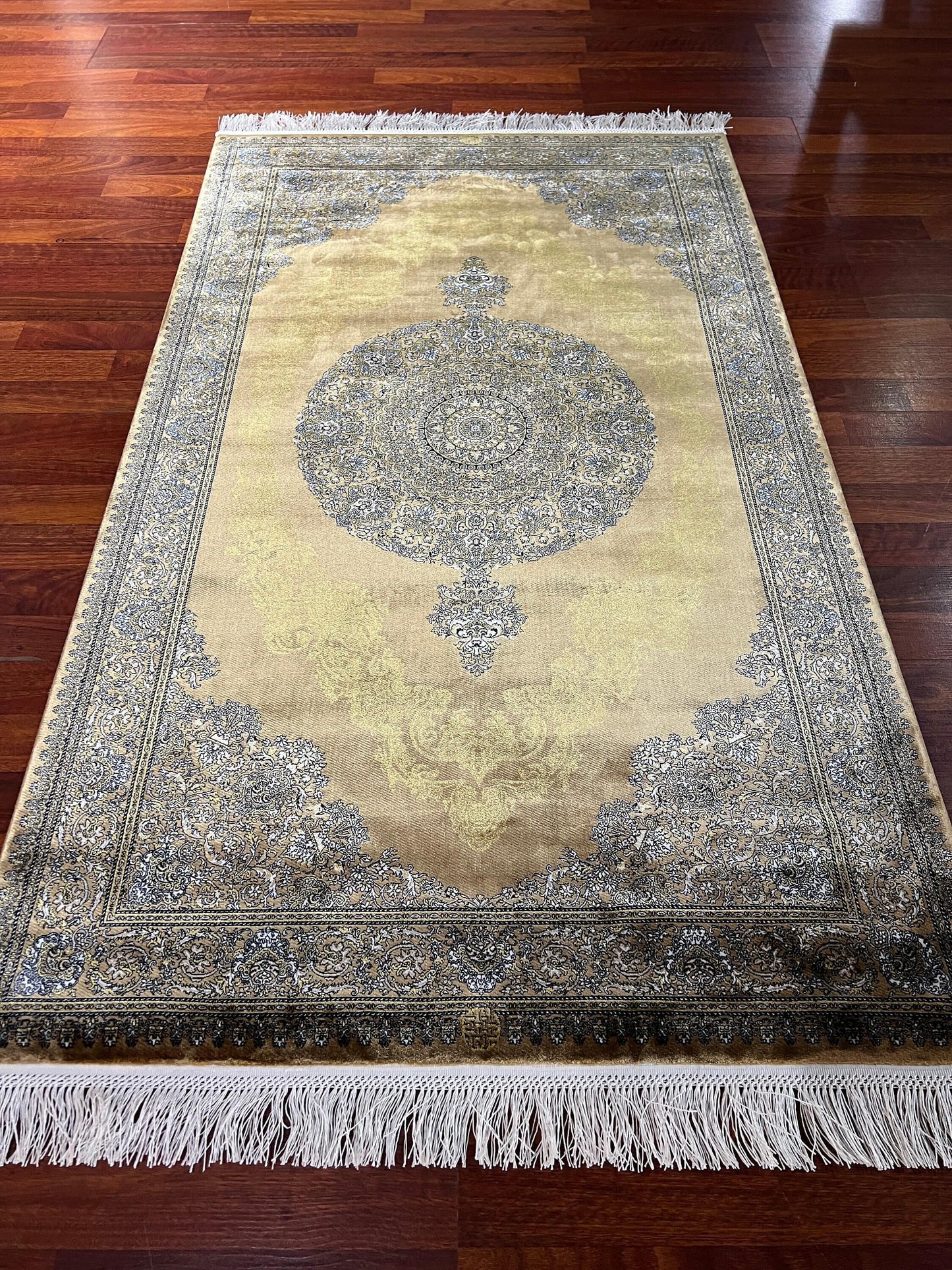 3x5 Gold Medallion Rug, Bamboo Silk Accent Rug, Turkish Luxury Decor Rug