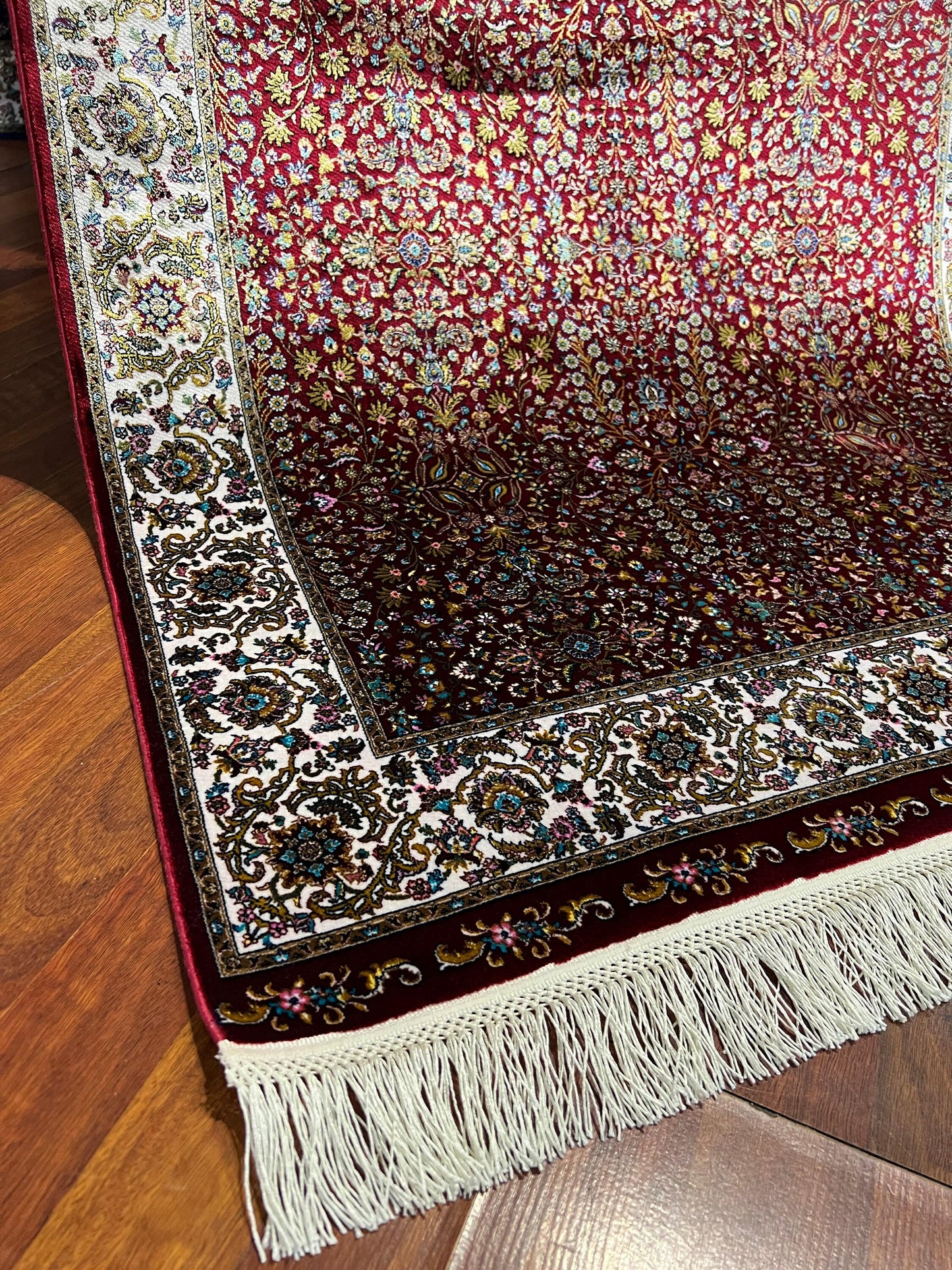 3x5 Red Floral Bamboo Silk Rug, Turkish Garden Design Rug, Luxury Accent Rug