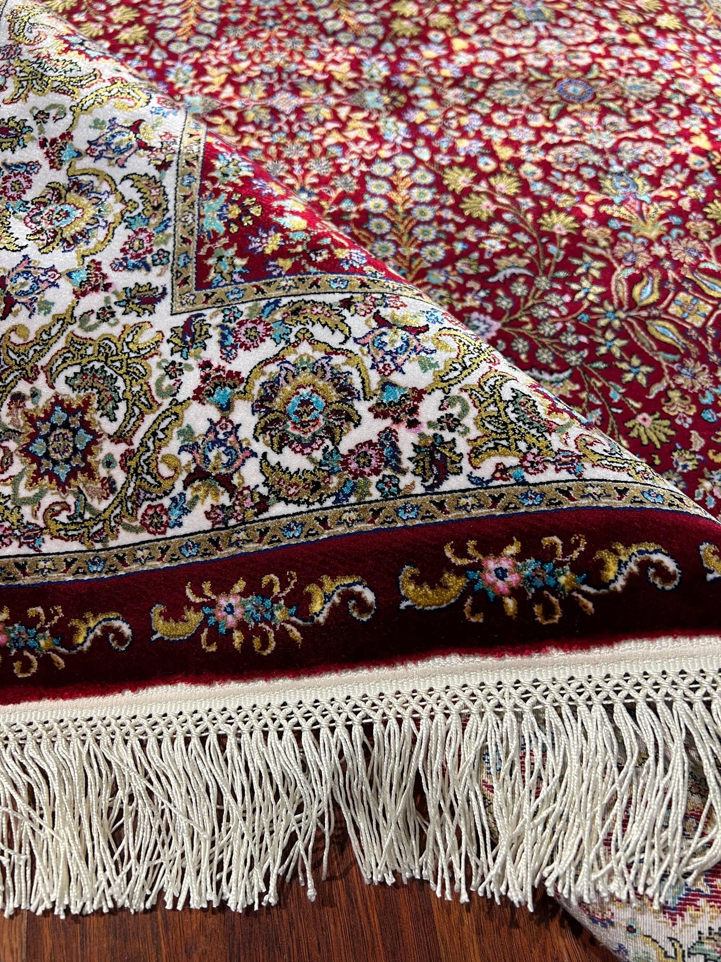 3x5 Red Floral Bamboo Silk Rug, Turkish Garden Design Rug, Luxury Accent Rug