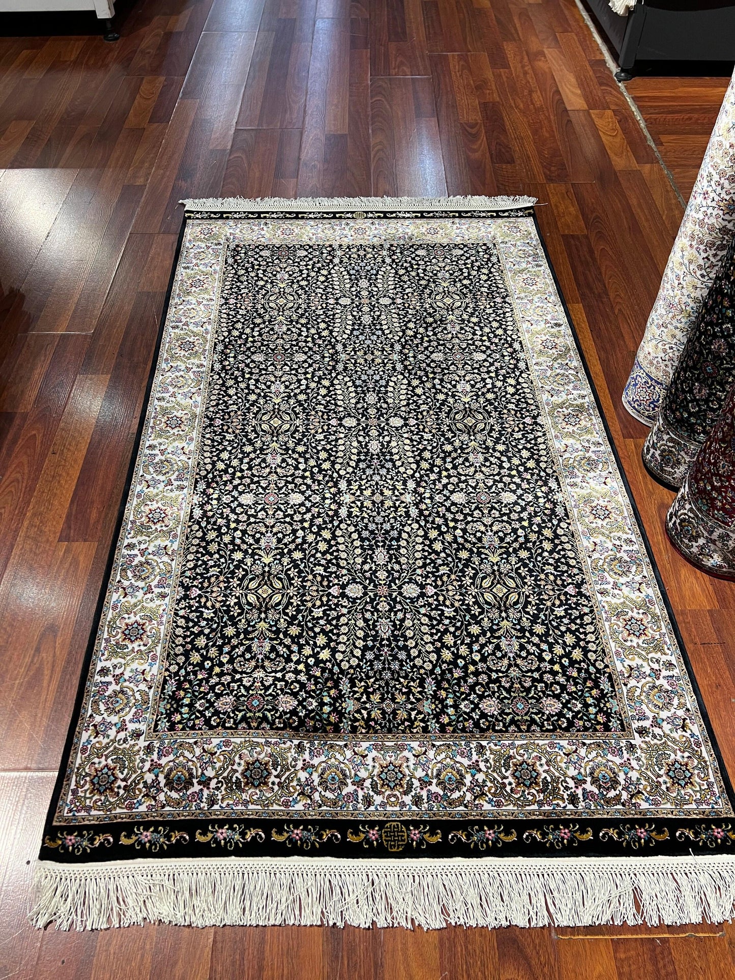 3x5 Black Floral Bamboo Silk Rug, Turkish Garden Rug, Luxury Accent Carpet