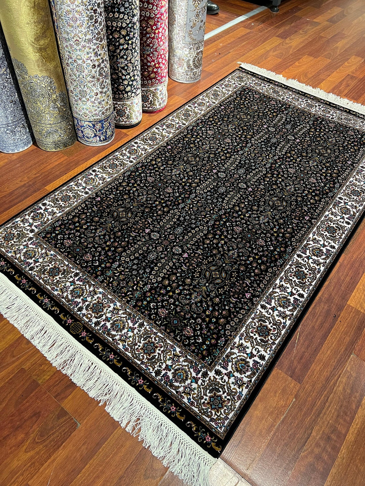 3x5 Black Floral Bamboo Silk Rug, Turkish Garden Rug, Luxury Accent Carpet