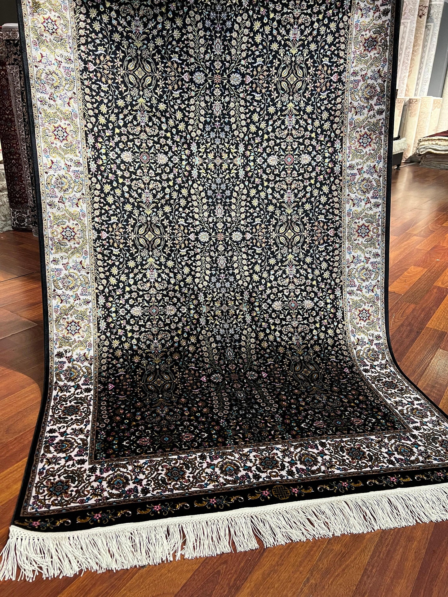 3x5 Black Floral Bamboo Silk Rug, Turkish Garden Rug, Luxury Accent Carpet