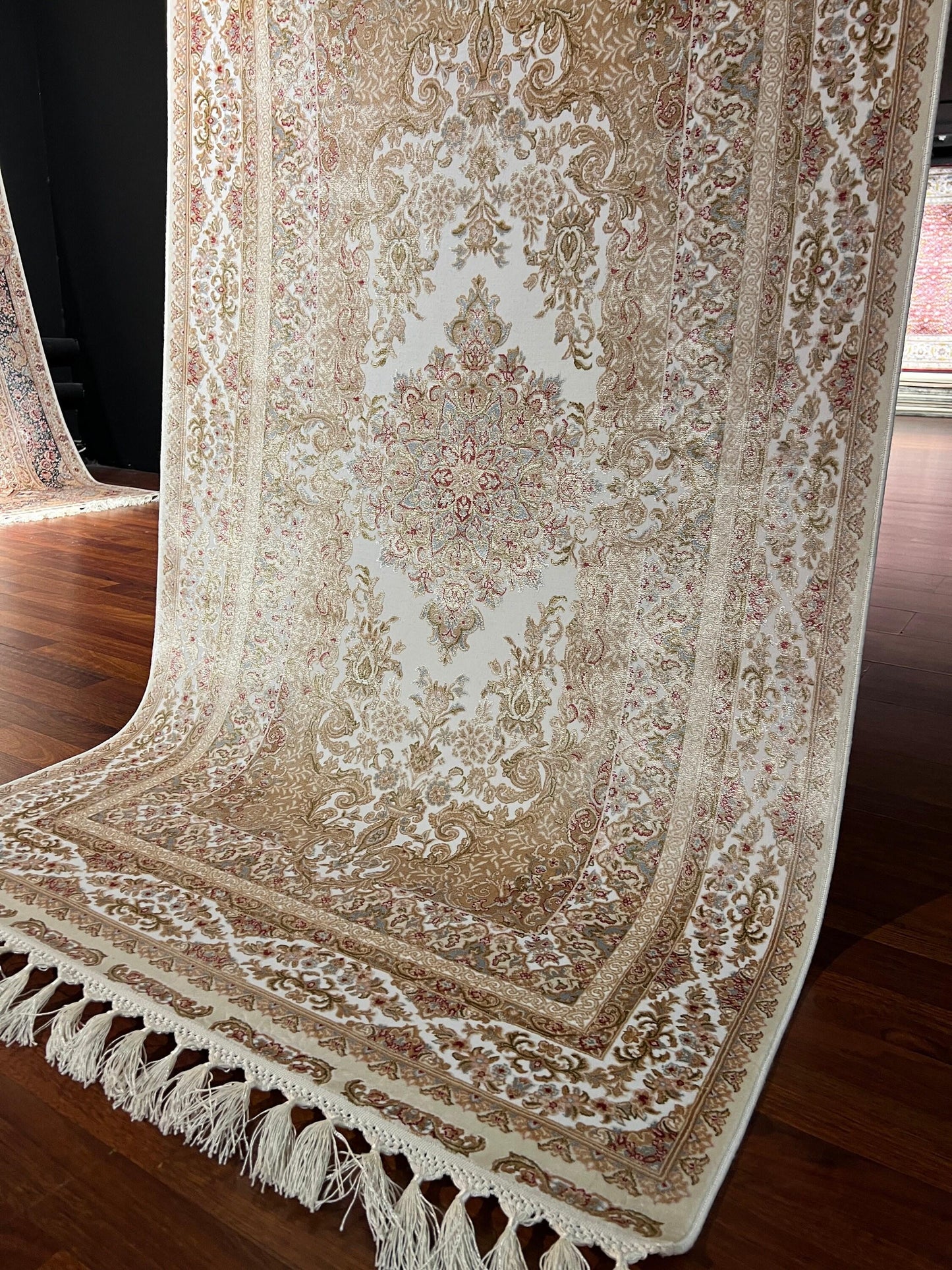 3x5 Beige Floral Silk Rug, Ivory Turkish Area Rug, Luxury Medallion Carpet