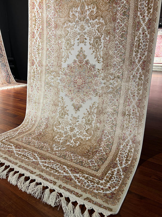 3x5 Beige Floral Silk Rug, Ivory Turkish Area Rug, Luxury Medallion Carpet