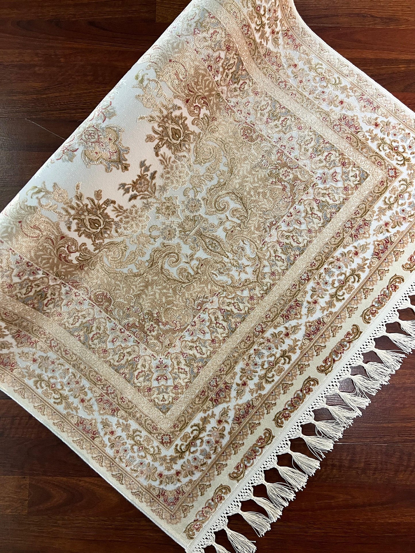 3x5 Beige Floral Silk Rug, Ivory Turkish Area Rug, Luxury Medallion Carpet