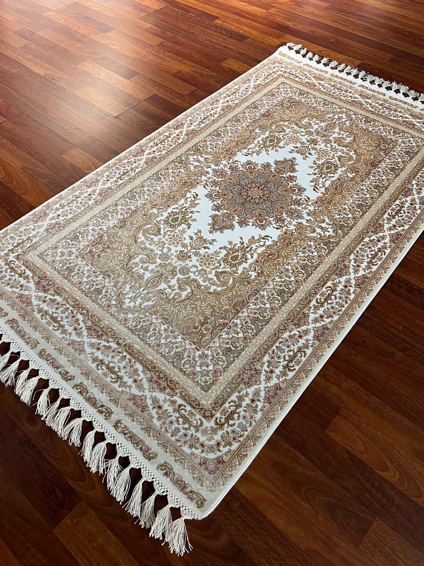 3x5 Beige Floral Silk Rug, Ivory Turkish Area Rug, Luxury Medallion Carpet