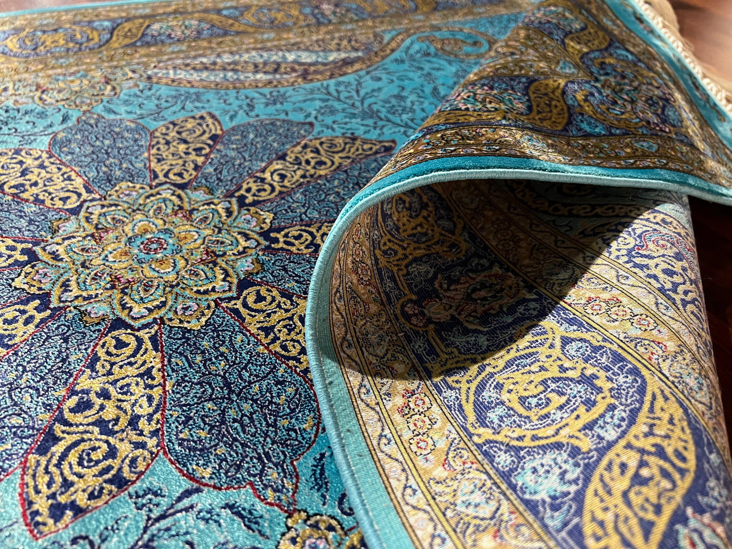 3x5 Turquoise Medallion Bamboo Silk Rug, Blue Turkish Floral Rug, Luxury Accent Carpet