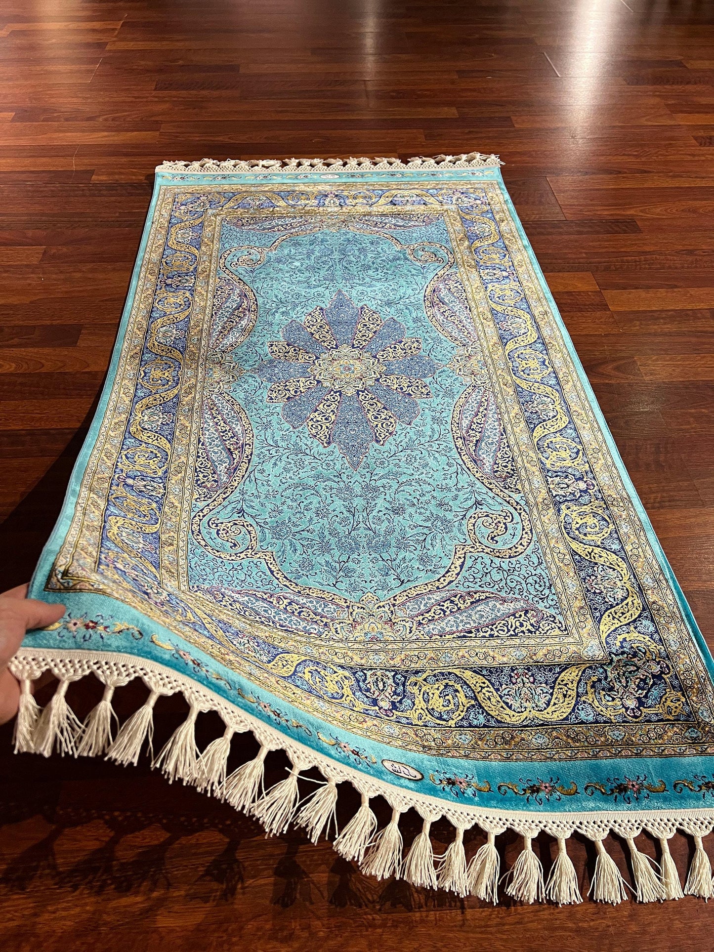 3x5 Turquoise Medallion Bamboo Silk Rug, Blue Turkish Floral Rug, Luxury Accent Carpet